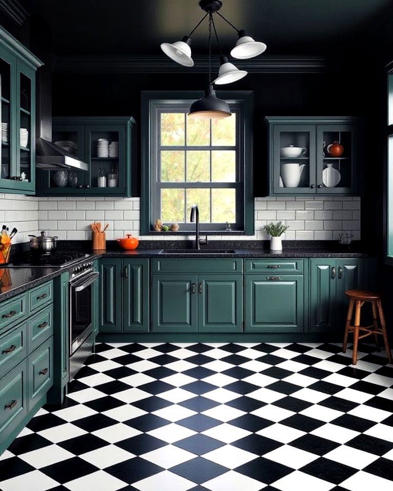 checkered floor with dramatic dark kitchen walls