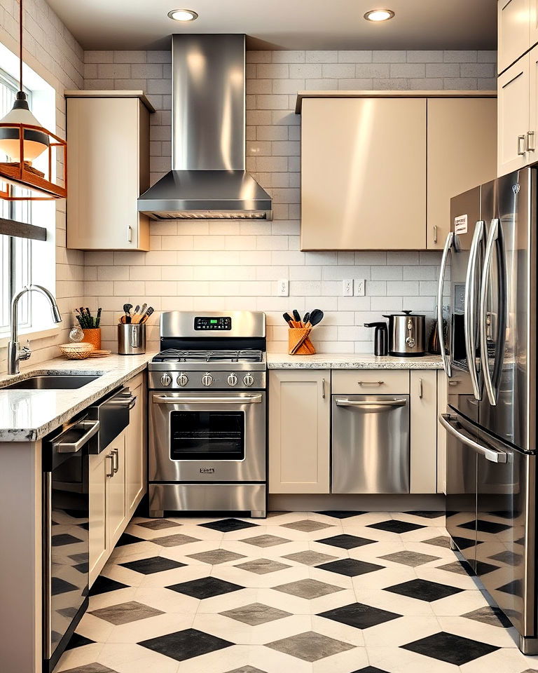 checkered floor with stainless steel kitchen appliances