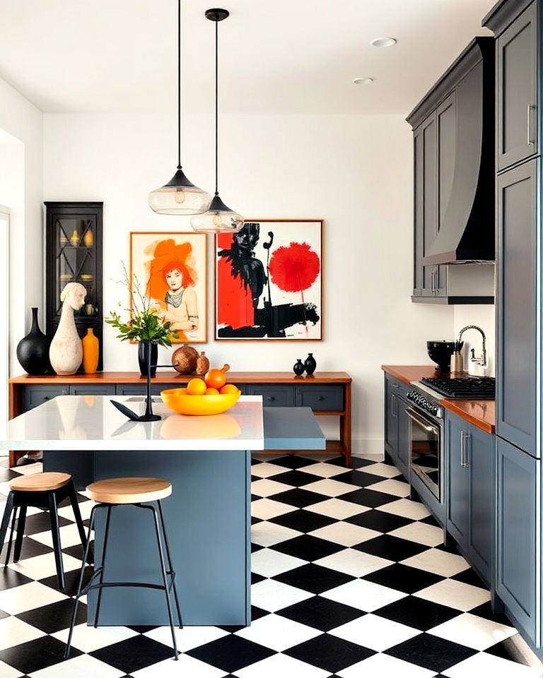 checkered floor with statement kitchen art decor