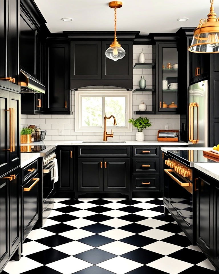 checkered kitchen floor with elegant brass accents