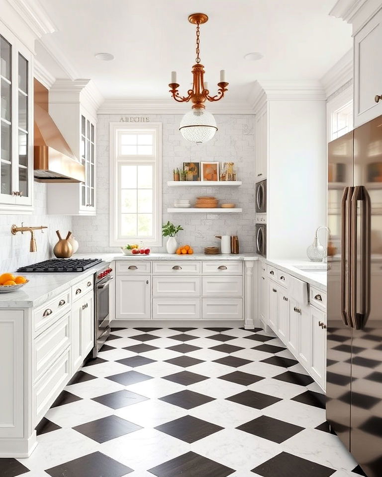 checkered kitchen flooring with luxe marble countertop