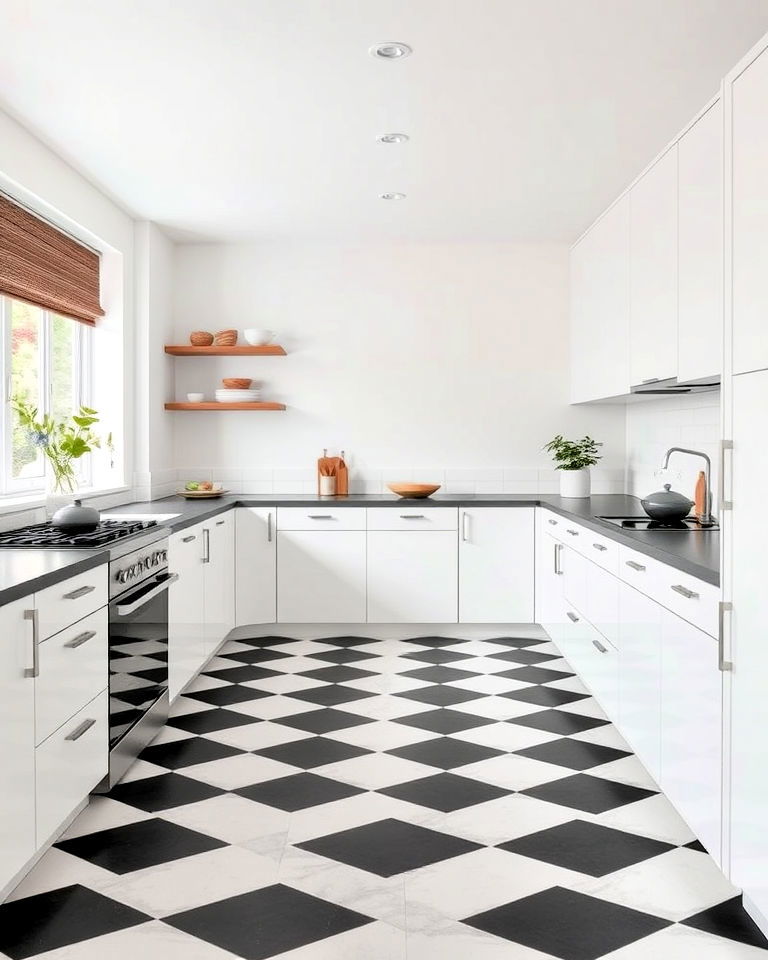 checkered kitchen flooring with modern minimalism