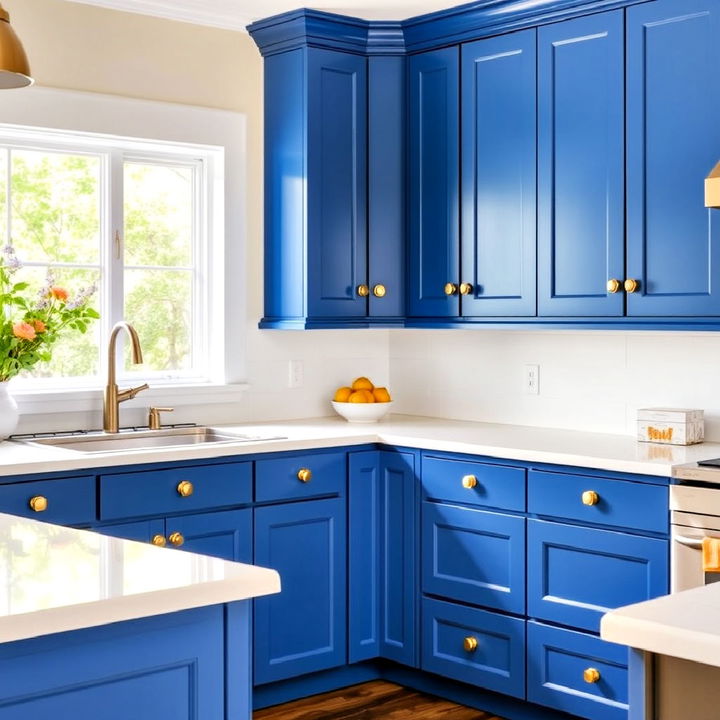 cheerful cornflower blue cabinets with gold hexagonal pulls