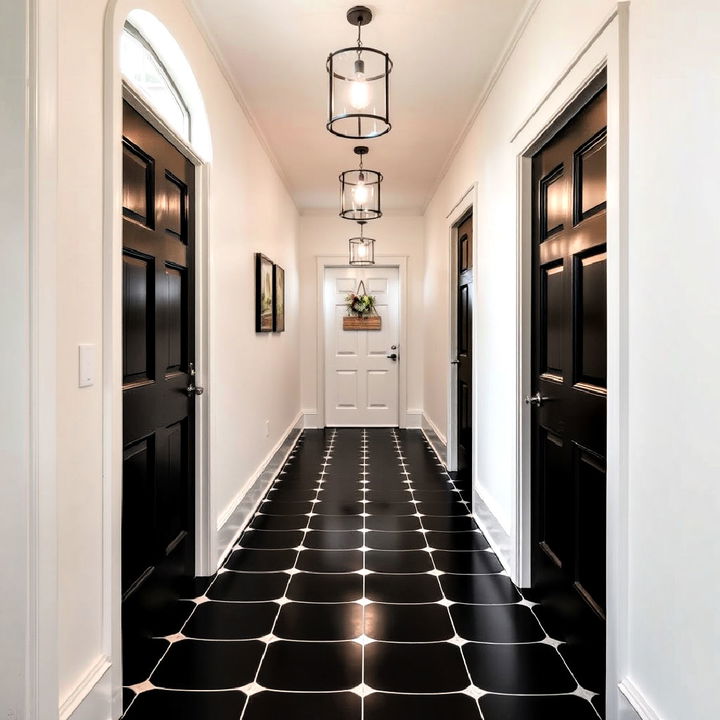 chic and modern black entryway floor tiles with white grout