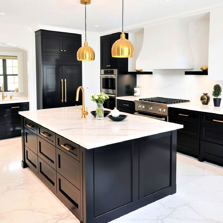 chic black island with a white marble top and gold finishes