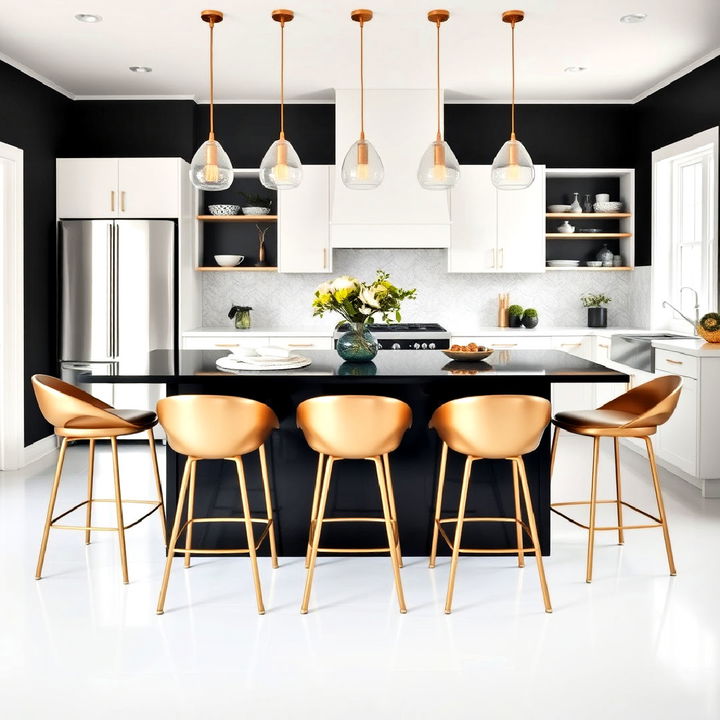 chic gold bar stools against a deep black kitchen island