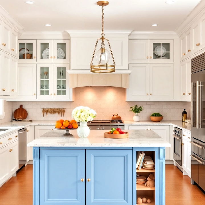 chic white kitchen cabinets with a french blue island