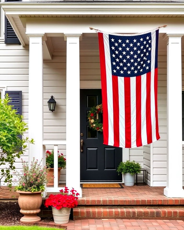 classic american flag on a colonial front porch