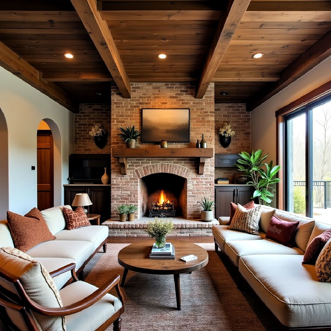 classic brick fireplace with warm wood accents