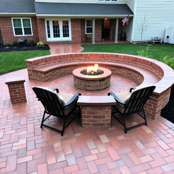 classic brick style concrete patio with fire pit and seating wall