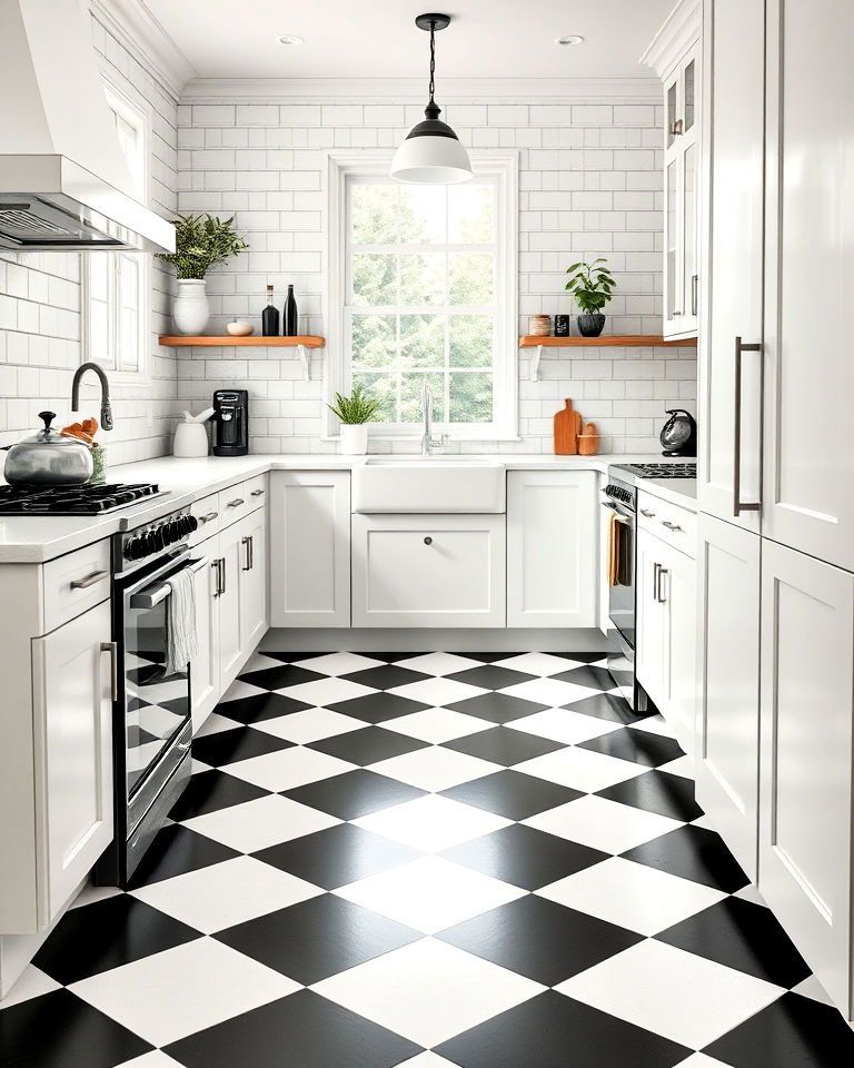 classic checkered floor for small kitchens