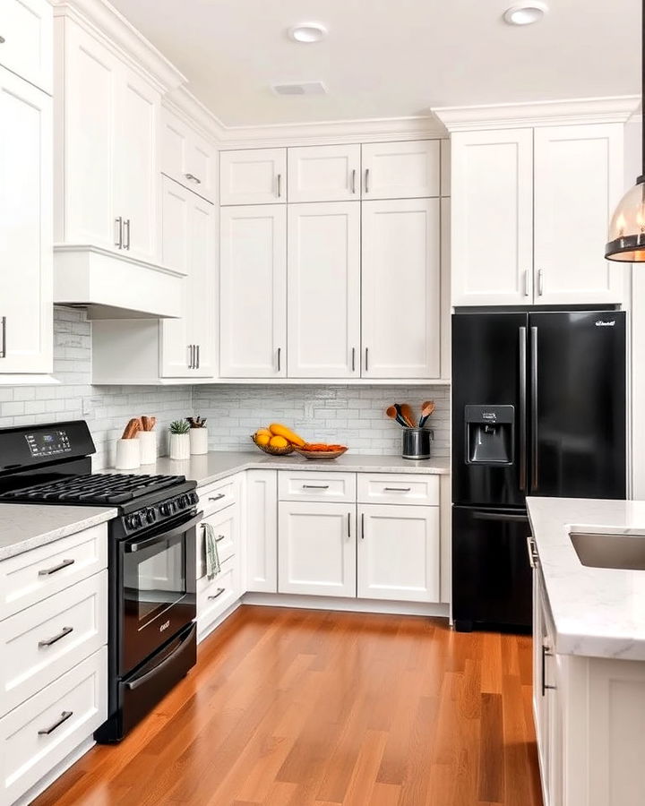 classic white cabinets contrast with black appliances