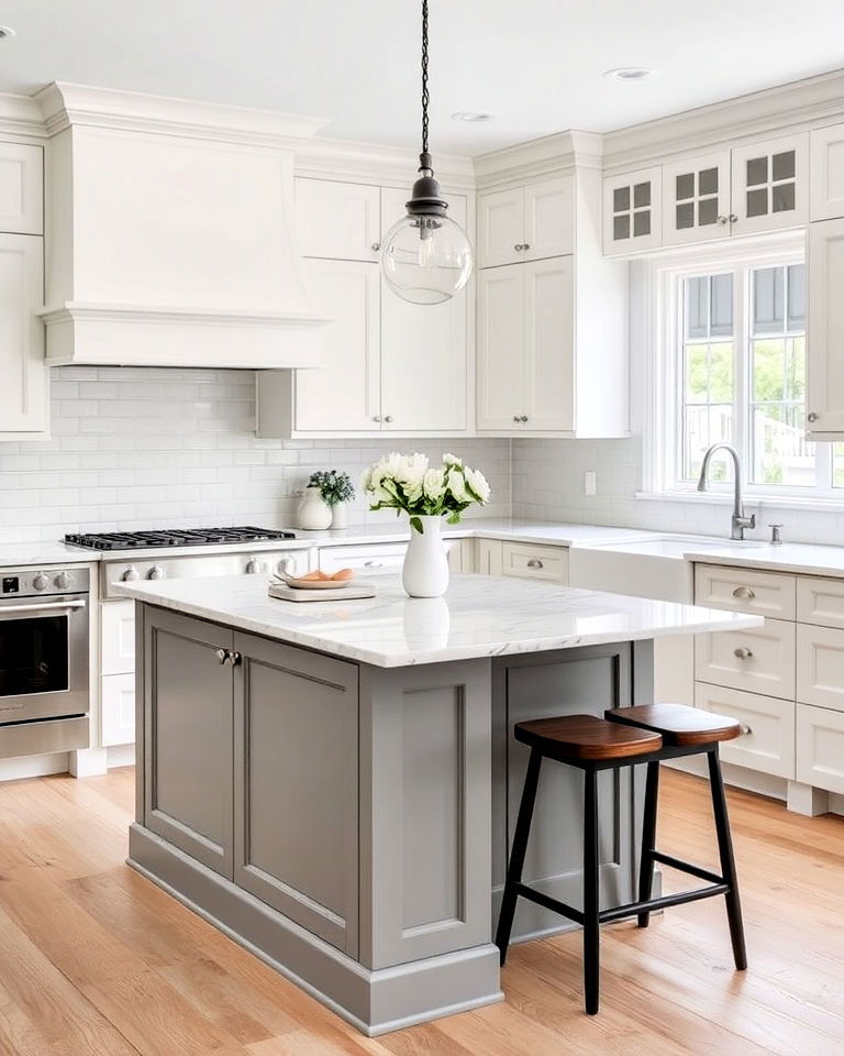 classic white cabinets with soft grey island