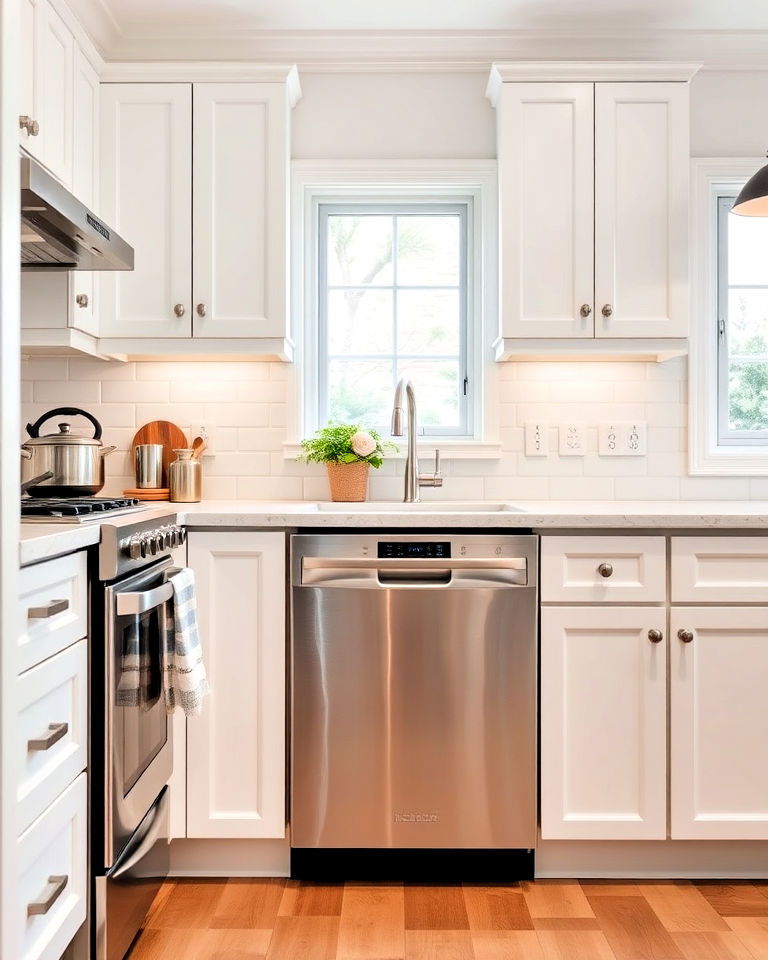 classic white kitchen with stainless steel dishwasher