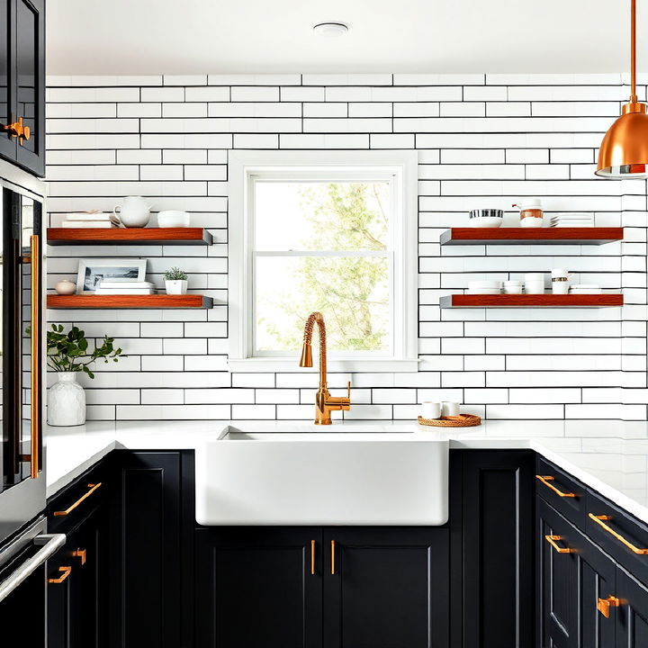 classic white subway tiles with bold black grout and gold hardware