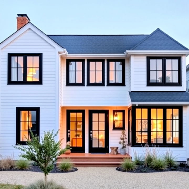 coastal cottage charm house with black window frames