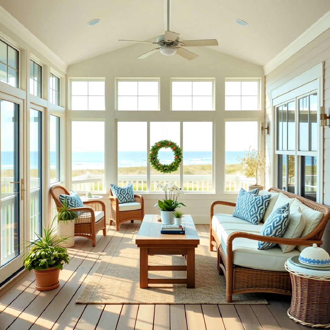 coastal inspired sunroom and deck combo