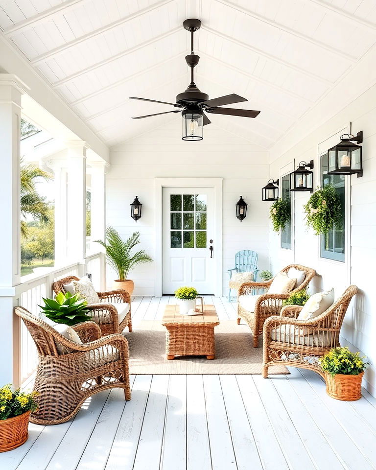 coastal inspired wrap around farmhouse porch