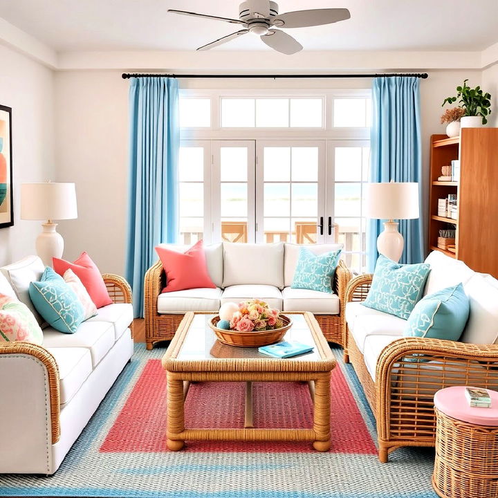 coastal retreat with soft coral and sky blue details