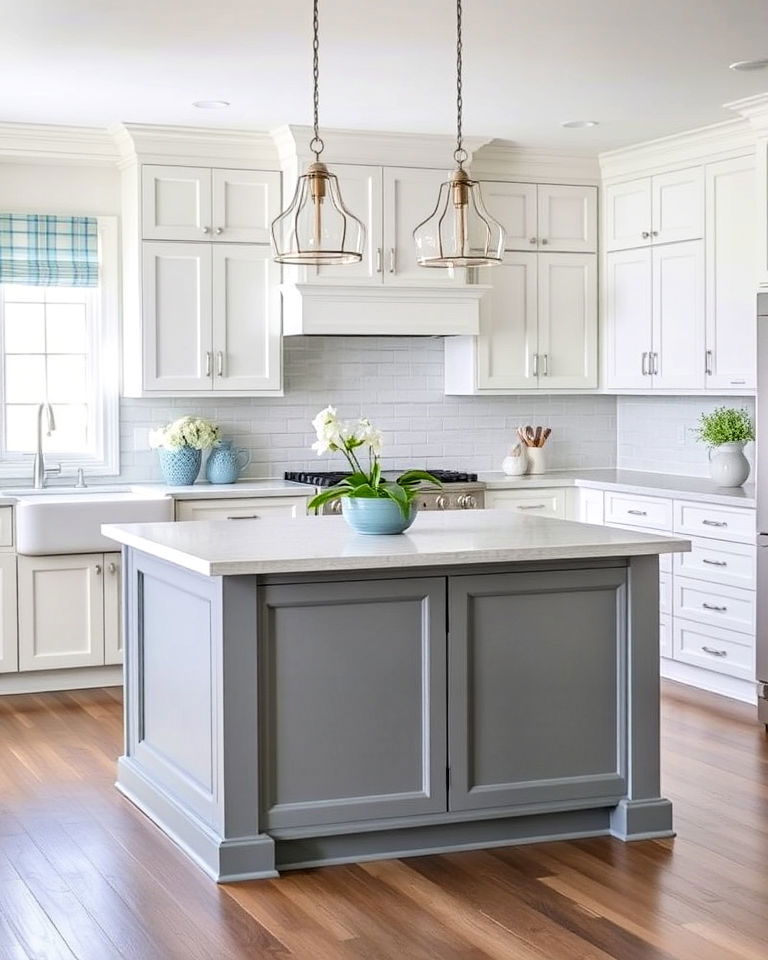 coastal white cabinets with grey island and blue accents