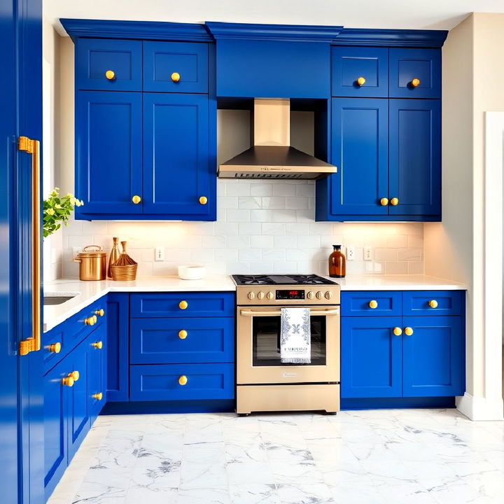 cobalt blue kitchen cabinets with shiny gold knobs