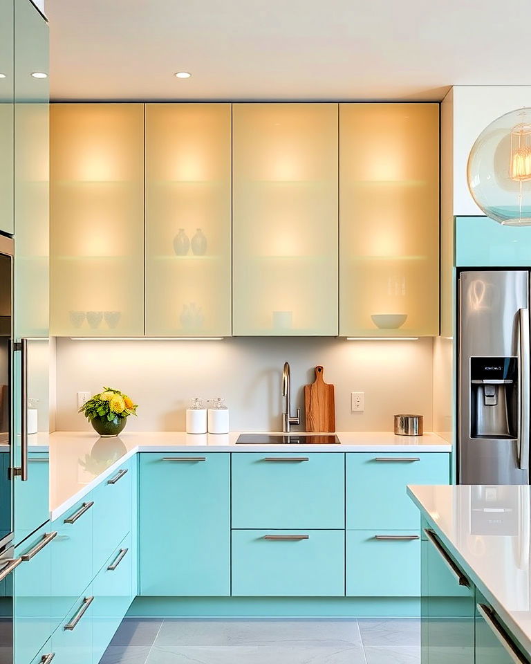 colored glass cabinets to add personality