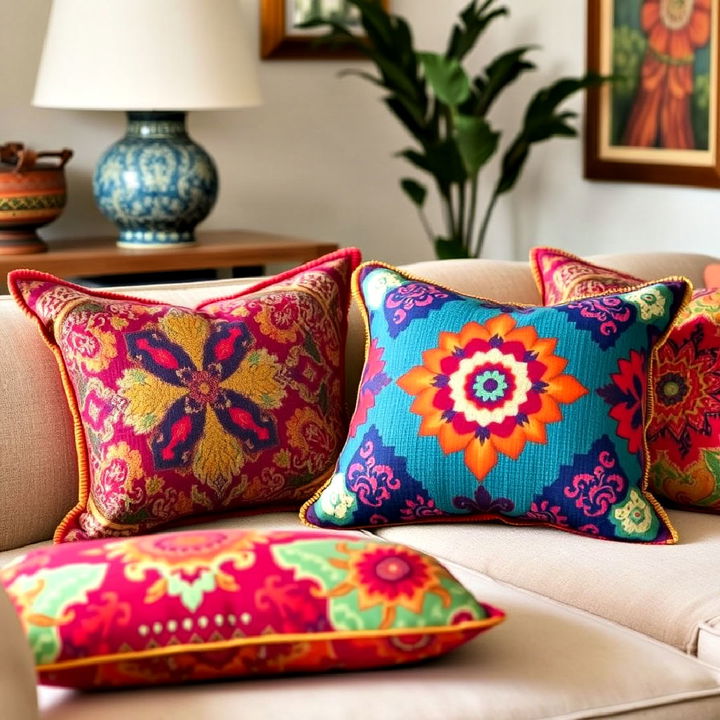 colorful patterned throw pillows to accent neutral sofas