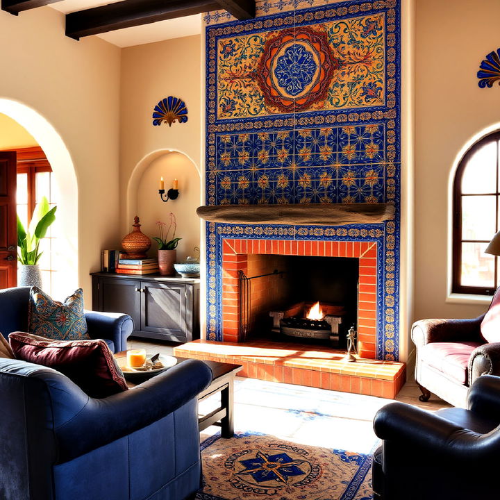 colorful tile fireplace surround