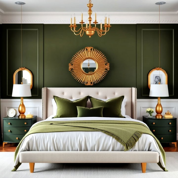 combine bedroom olive green with gold for a luxe look