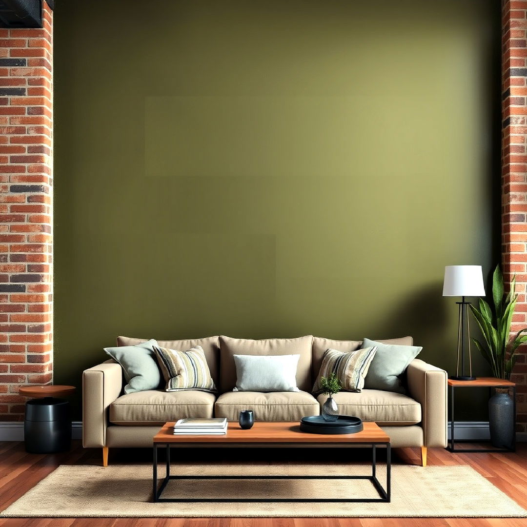 combine olive green with exposed brick for an industrial look