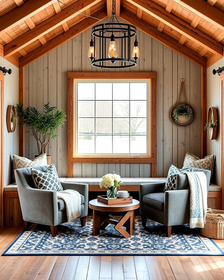 comfortable seating nook in pole barn interior