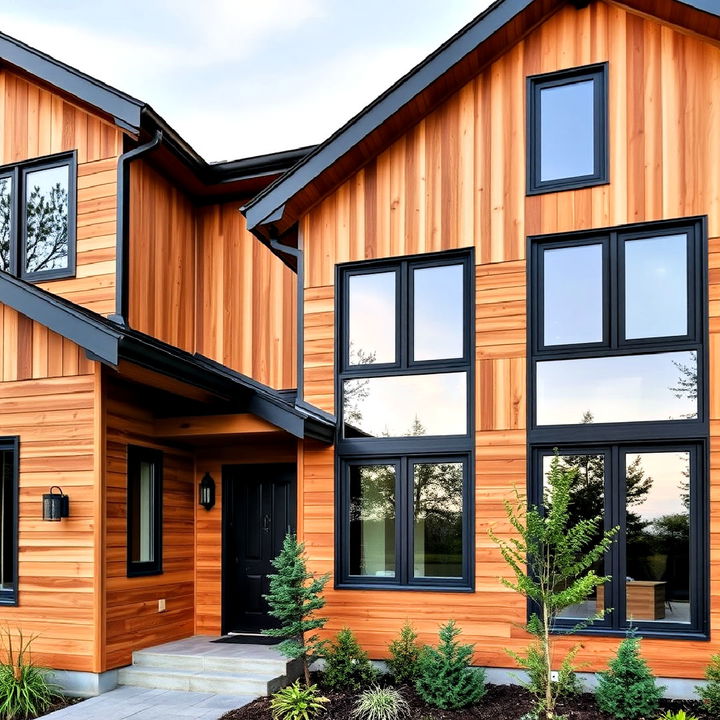 complementing wood exterior with dark window frames