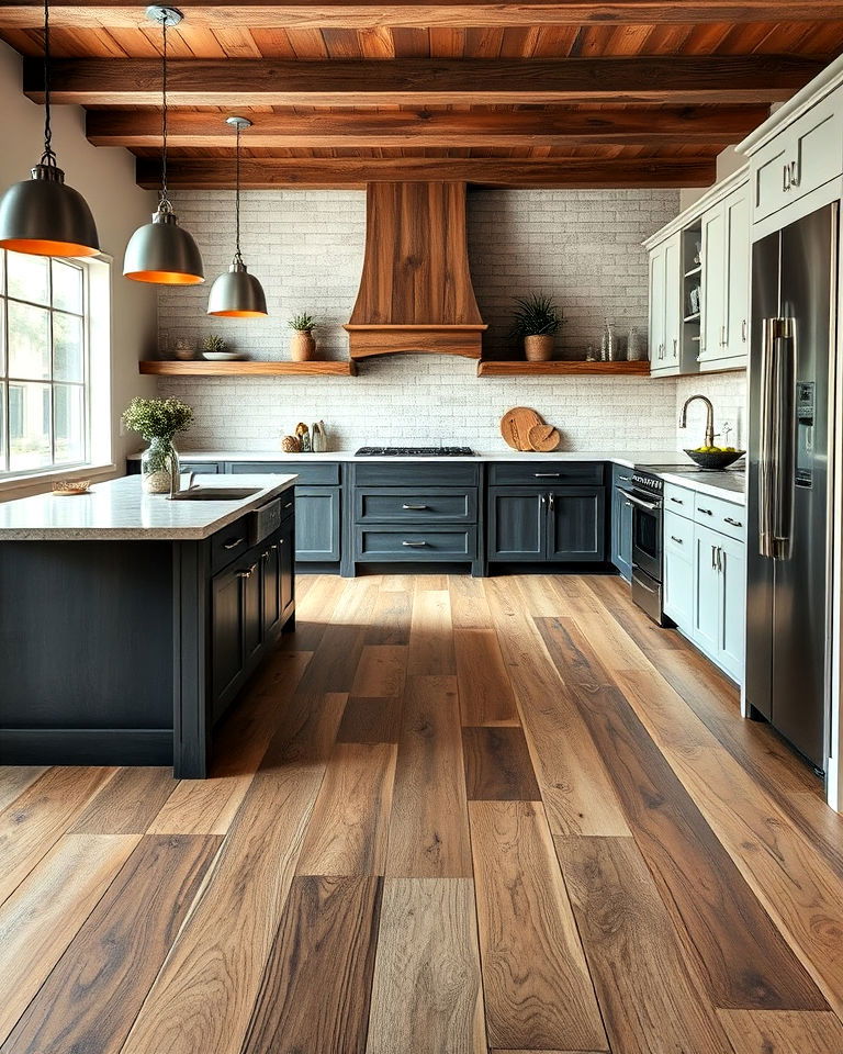 concrete floor with wood grain patterns for rustic kitchens