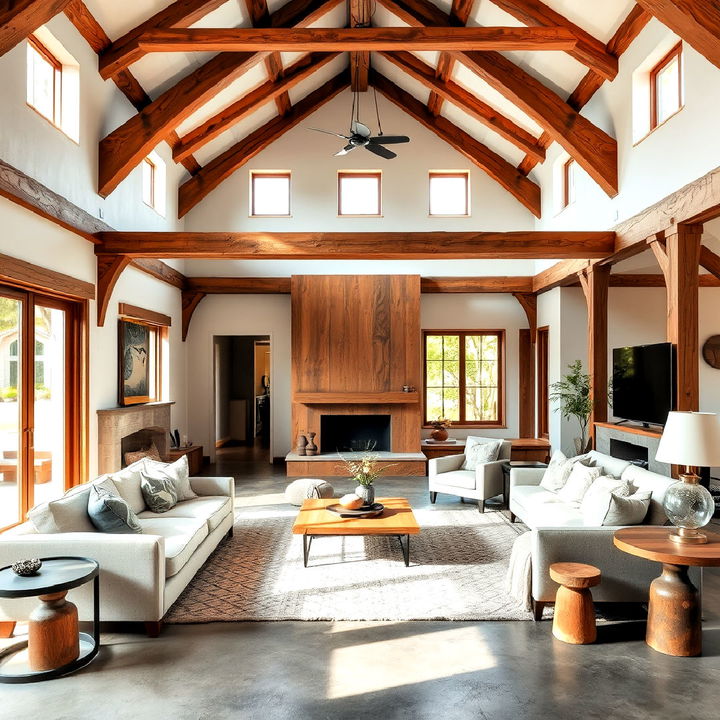 concrete flooring with exposed wood beams