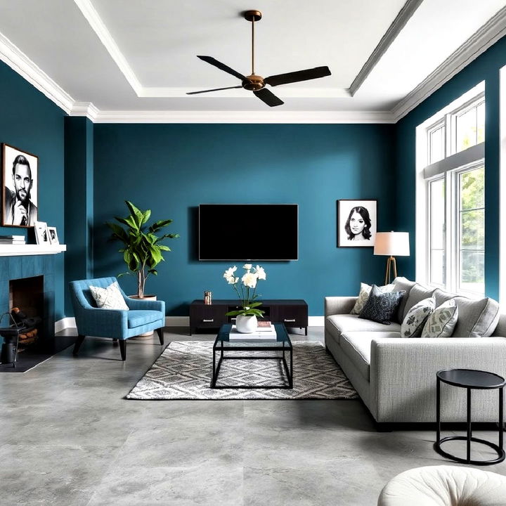 concrete grey floors and vibrant teal blue walls