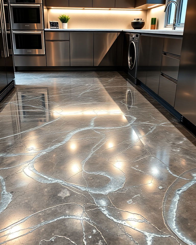 concrete kitchen floor with a metallic epoxy finish