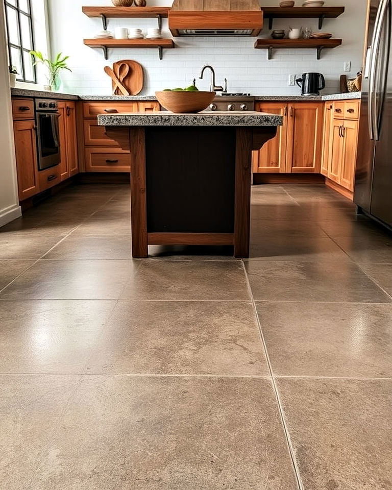 concrete kitchen floor with a rustic trowel finish