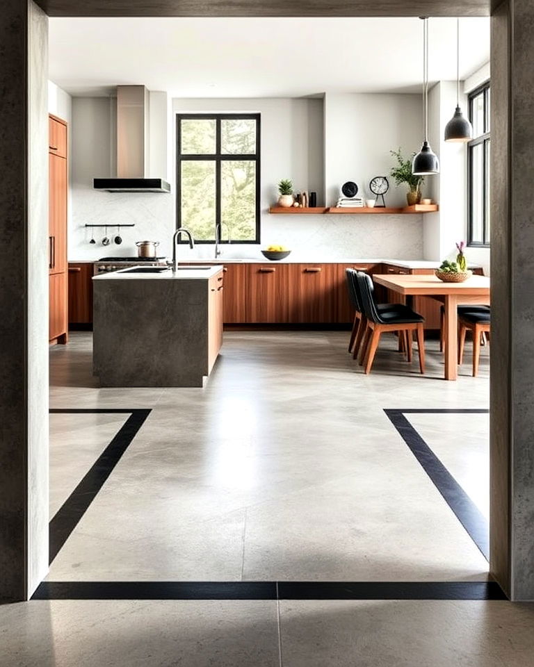 concrete kitchen floor with bold framed borders