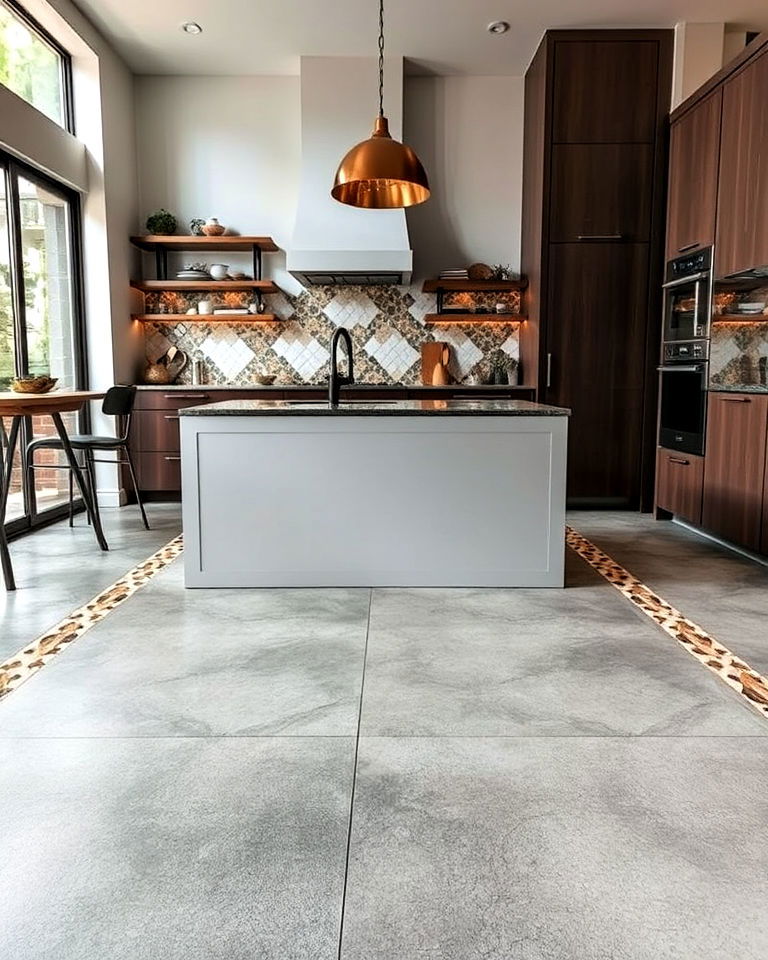 concrete kitchen floor with colorful mosaic tile inlays