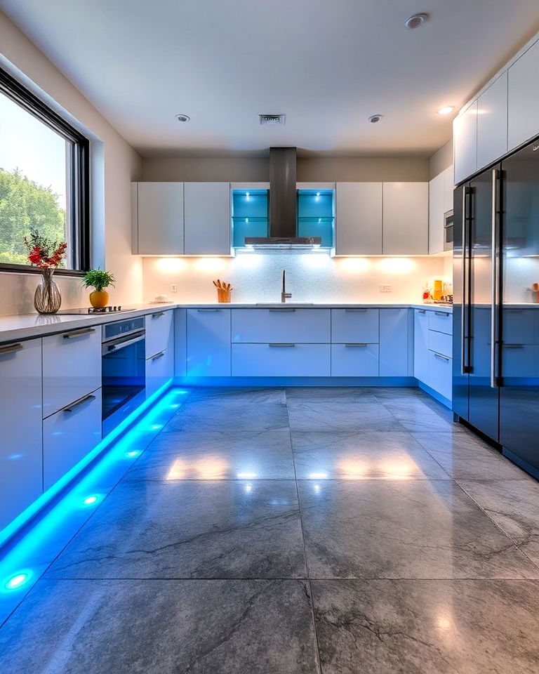 concrete kitchen floor with embedded led lighting