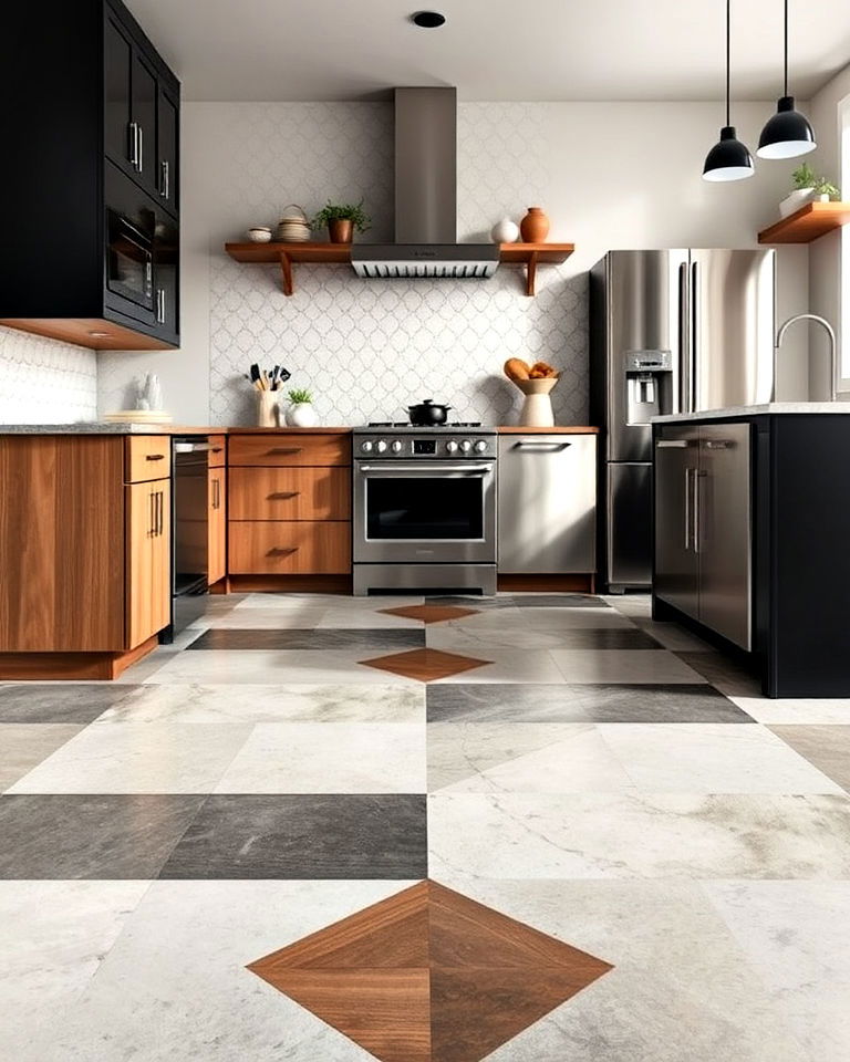 concrete kitchen floor with geometric patterns