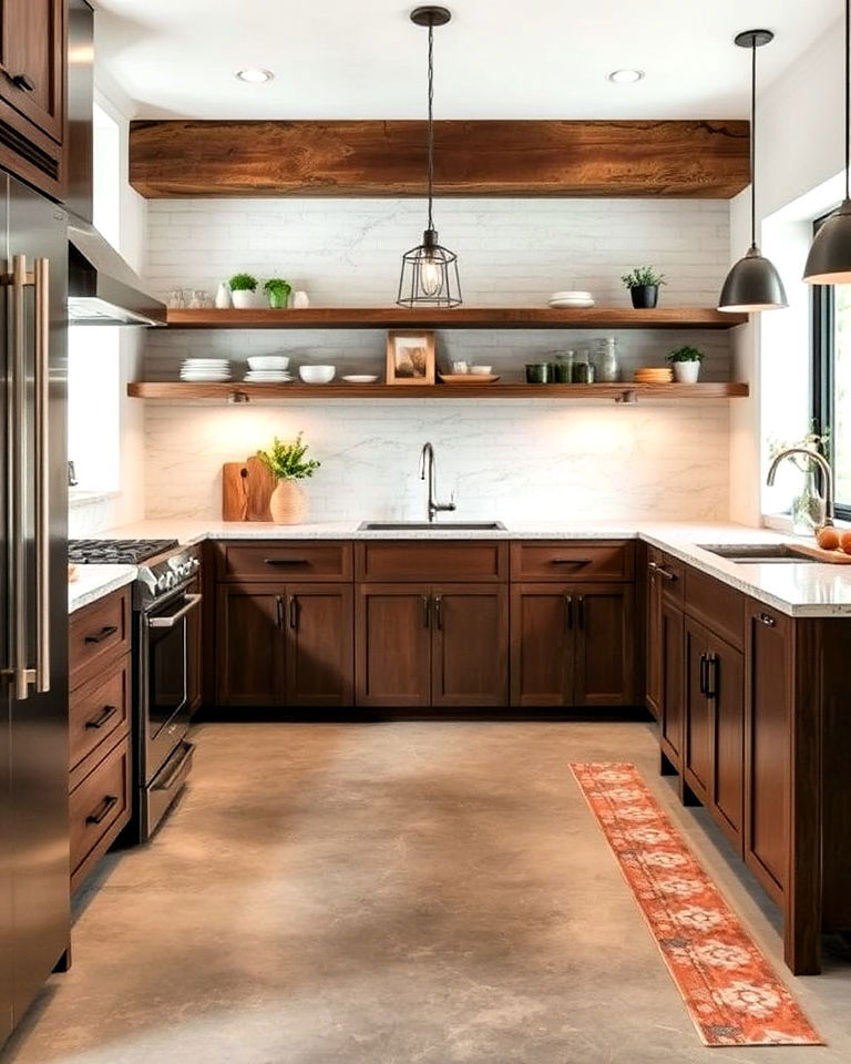 concrete kitchen floor with natural marble accents