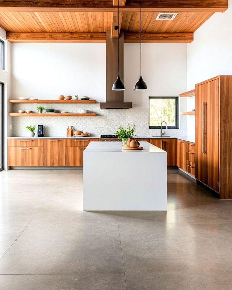 concrete kitchen floor with warm wood accents