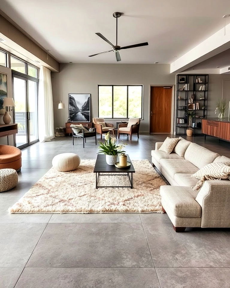 concrete living room floor with an area rug for warmth