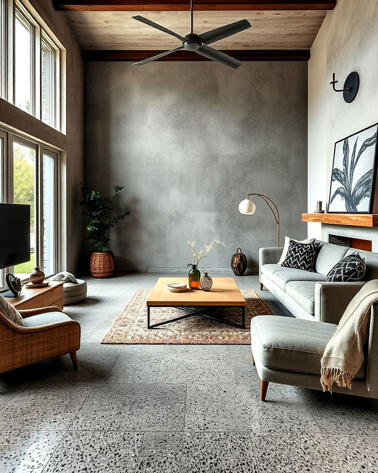 concrete living room floor with exposed aggregate