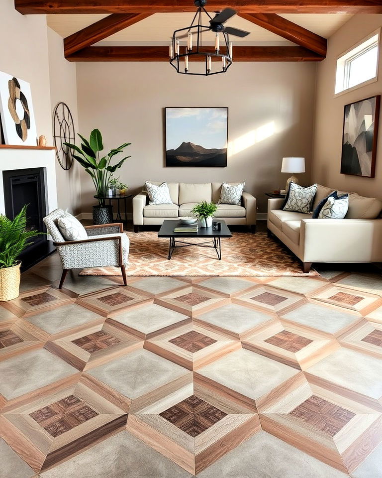 concrete living room floor with geometric patterns