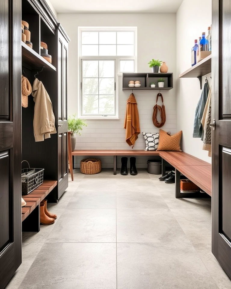 concrete look tiles mudroom floor