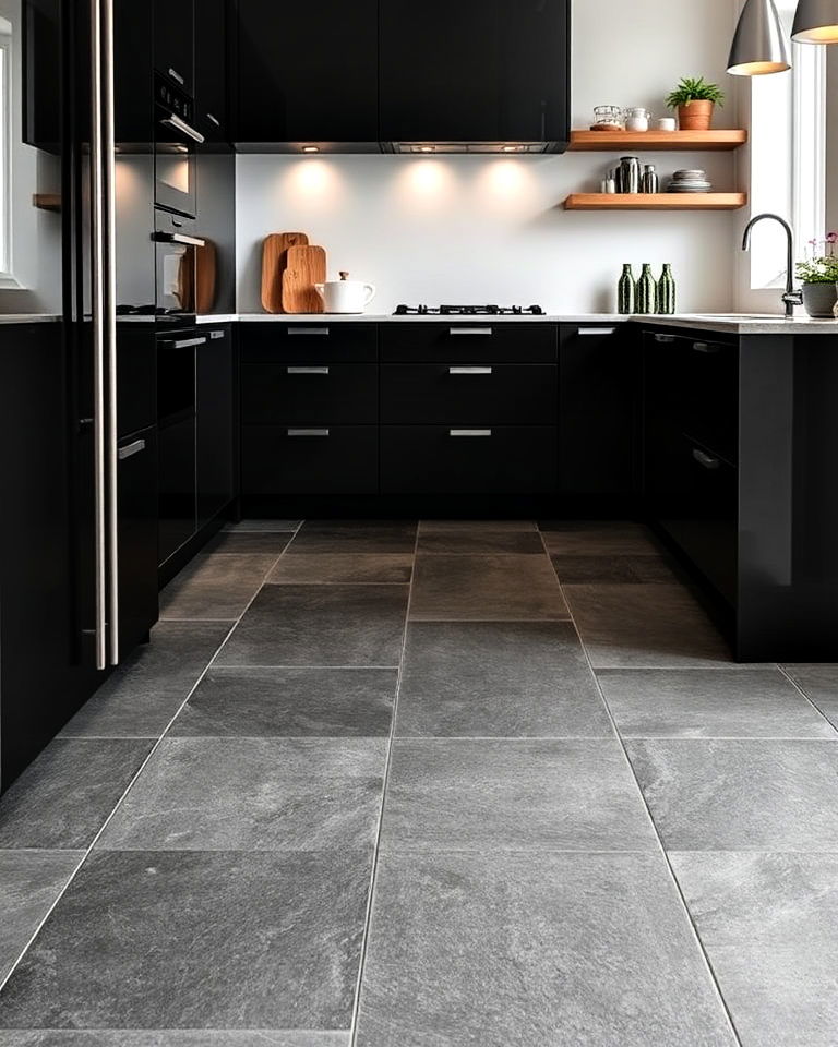 contemporary minimalism kitchen with large slate tiles