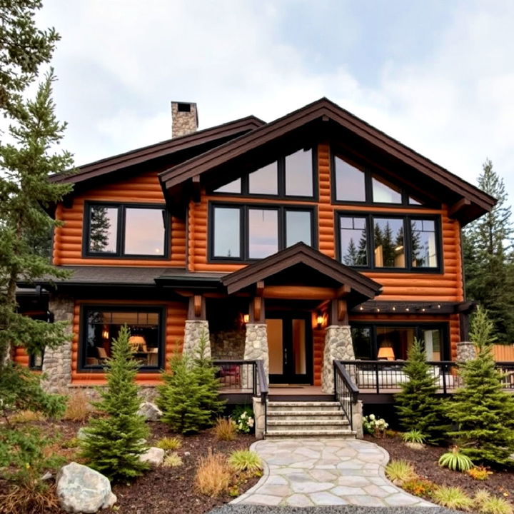 contemporary rustic mountain cabin with black windows