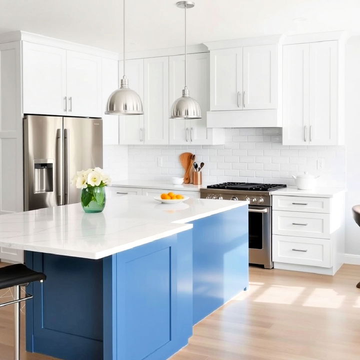 contemporary white cabinets with cool steel blue island